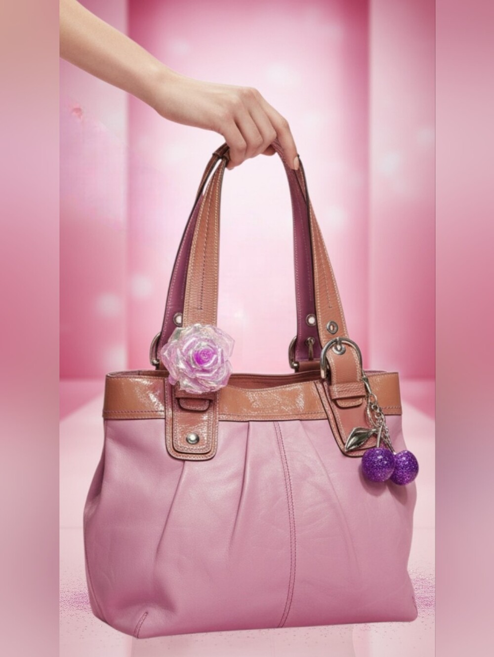 Y2K Vintage Coach Soho Pleated Leather Shoulder Bag In Pink Style number F13732 - Picture 14 of 16